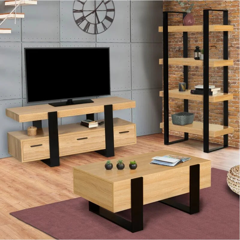 Meuble TV en Bois pour Salon avec Support Double et Tiroirs de Rangement