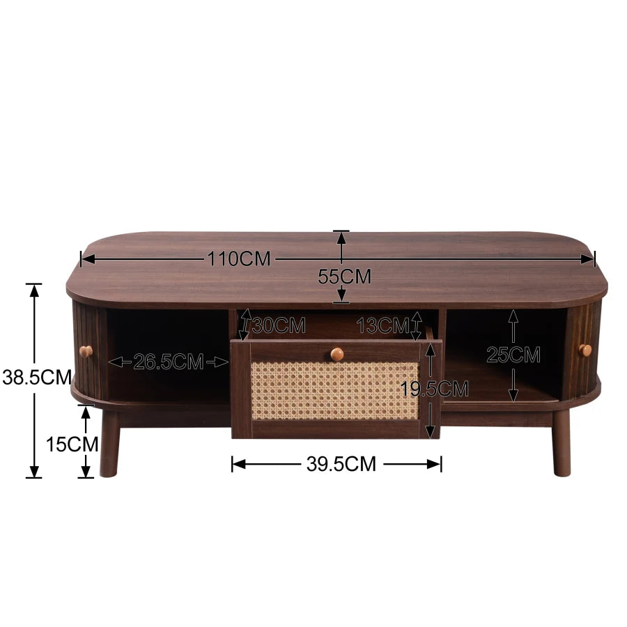 Table Basse Design en Rotin avec Tiroirs et Armoires de Rangement - Style Rétro pour Salon